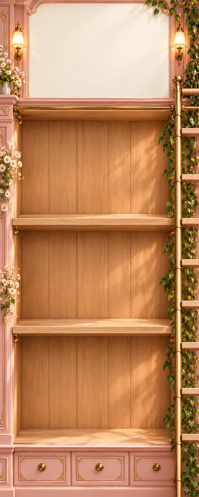Ejemplo de una estantería de madera con flores y luz cálida