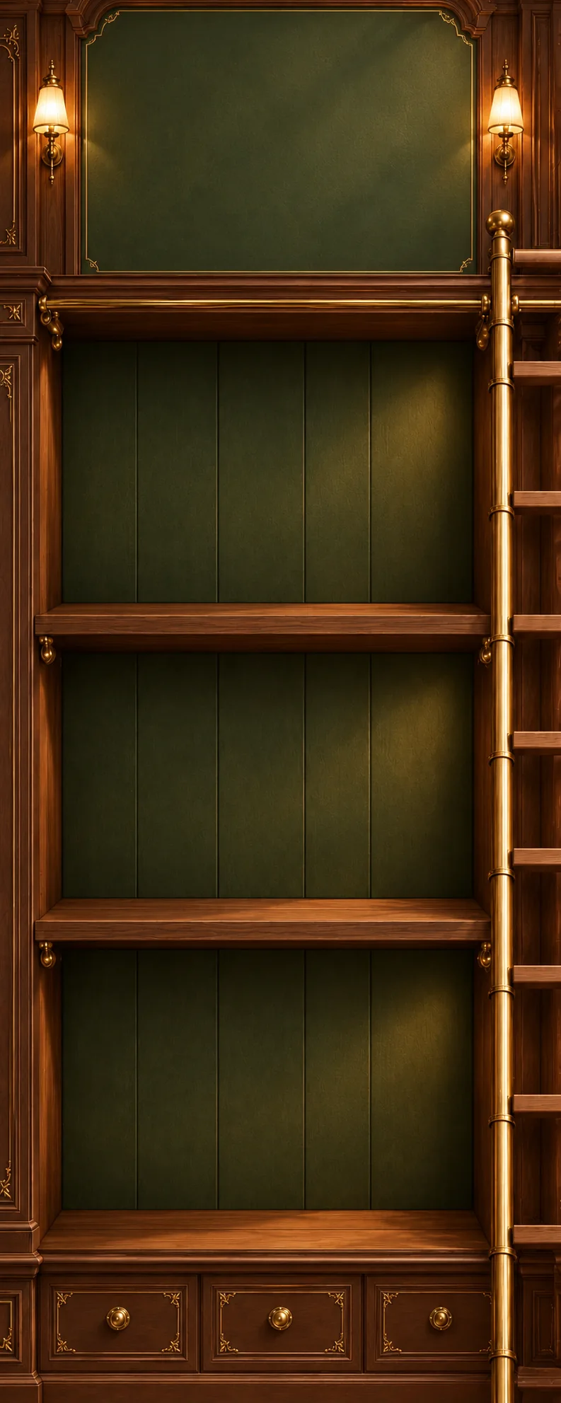 Biblioteca de madera oscura y verde profundo